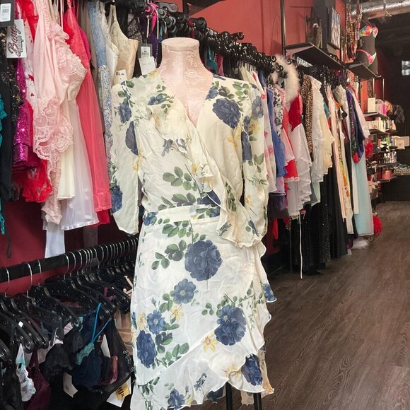 Nicholas Floral Print Ruffle V-Neck Wrap Dress Tie-Back Long Sleeve Size 8 White - Picture 4 of 4